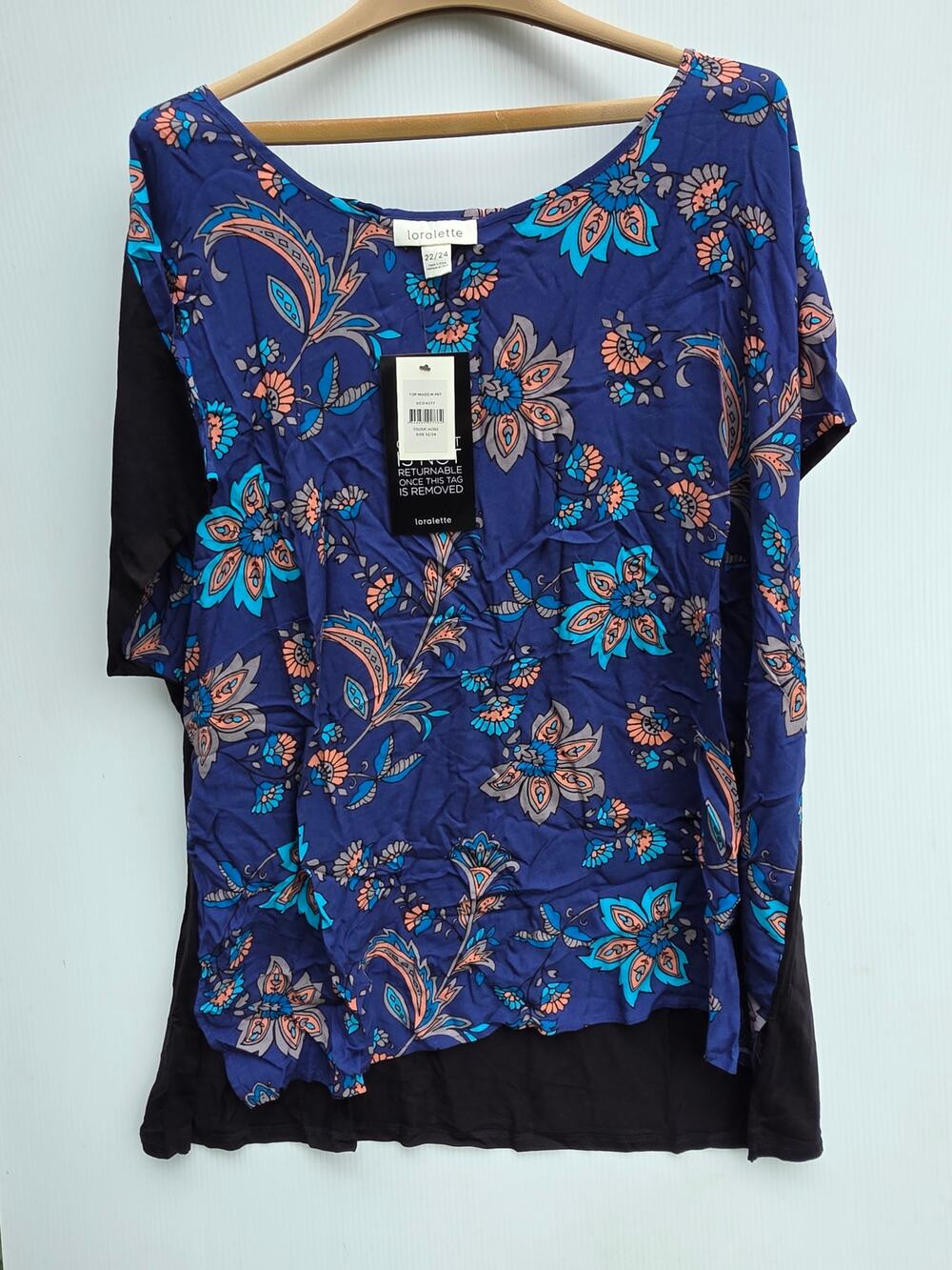 Loralette Blue Floral Viscose Contrast Hem Tunic Top Size 22/24 Plus Boho